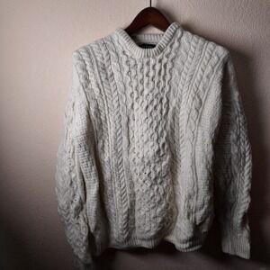 The Irish Store Mens Merino Wool Aran Cable Knit Sweater Cream Made in Ireland L
